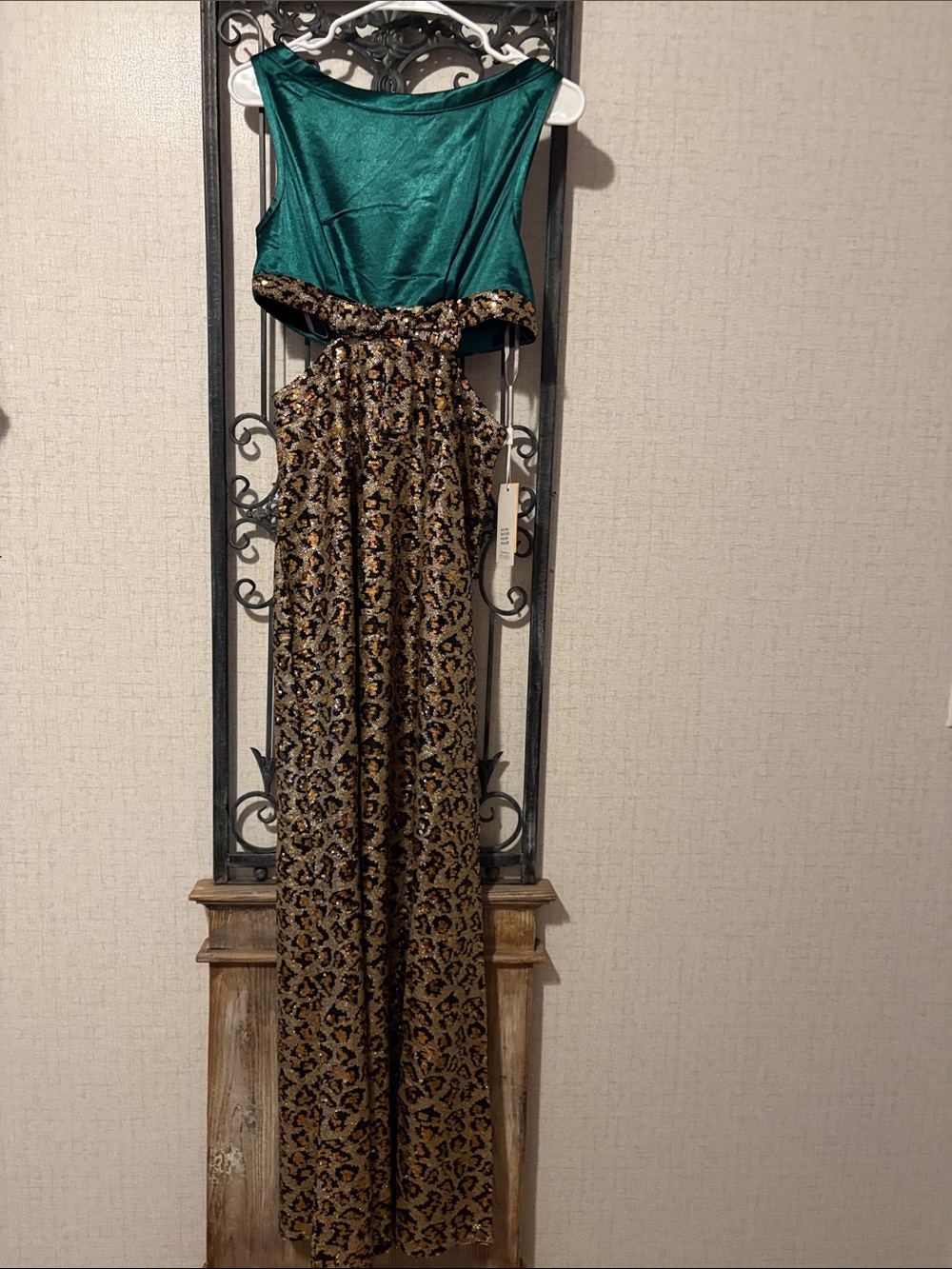 Emerald and Gold Patterned Prom Dress with Satin Bodice